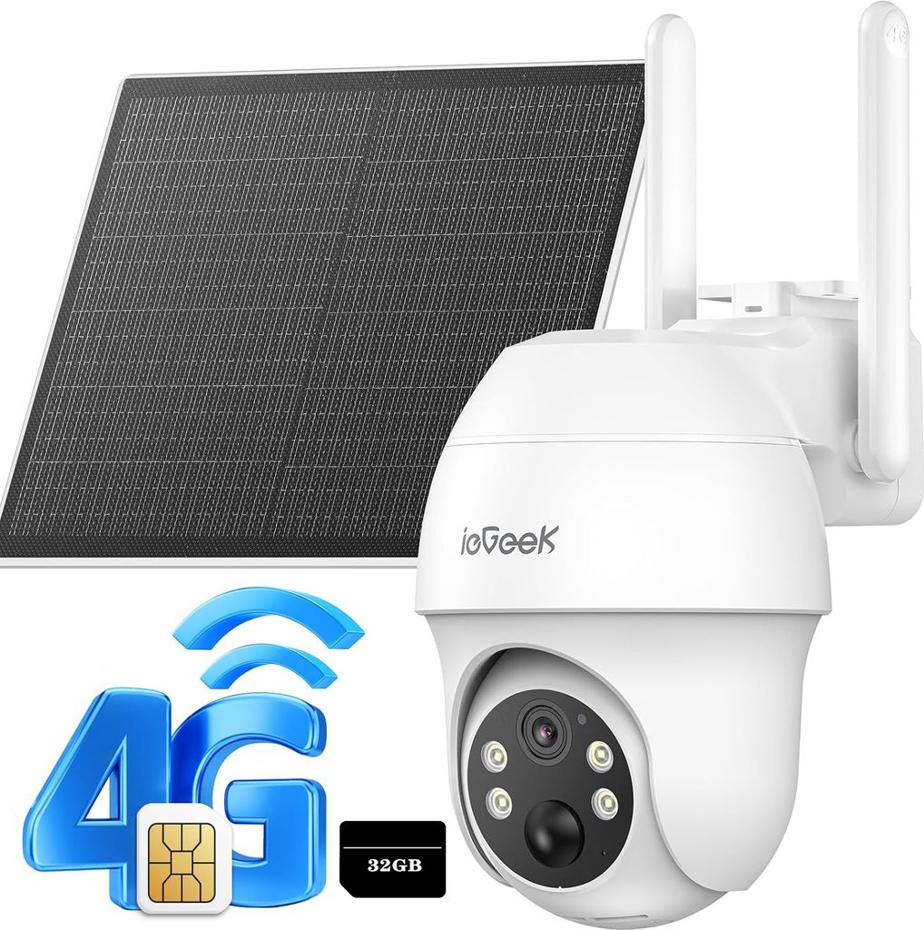 ieGeek 2K 4G LTE Überwachungskamera Aussen Akku mit SIM Karte, 360° PTZ Kabellose Solar Kamera Outdoor ohne WLAN, Farbige Nachtsicht, mit 32GB Karte
