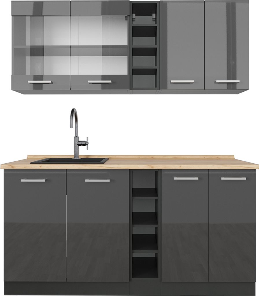 Singleküche Vicco R-Line Anthrazit Hochglanz/Anthrazit 160 cm , AP Eiche, Model 53419