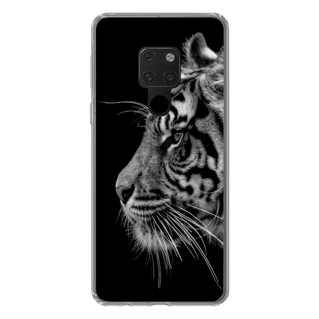 MuchoWow Handyhülle Schutzhülle Hülle für Huawei P40 Lite Tiger auf schwarzem Hintergrund in schwarz und weiß Silikon Softcase Handy Hülle ...