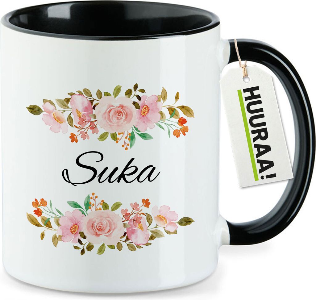 Huuraa Kaffeetasse Suka russisch Blumen 330ml Schwarz Keramik Kaffeebecher Geschenkidee
