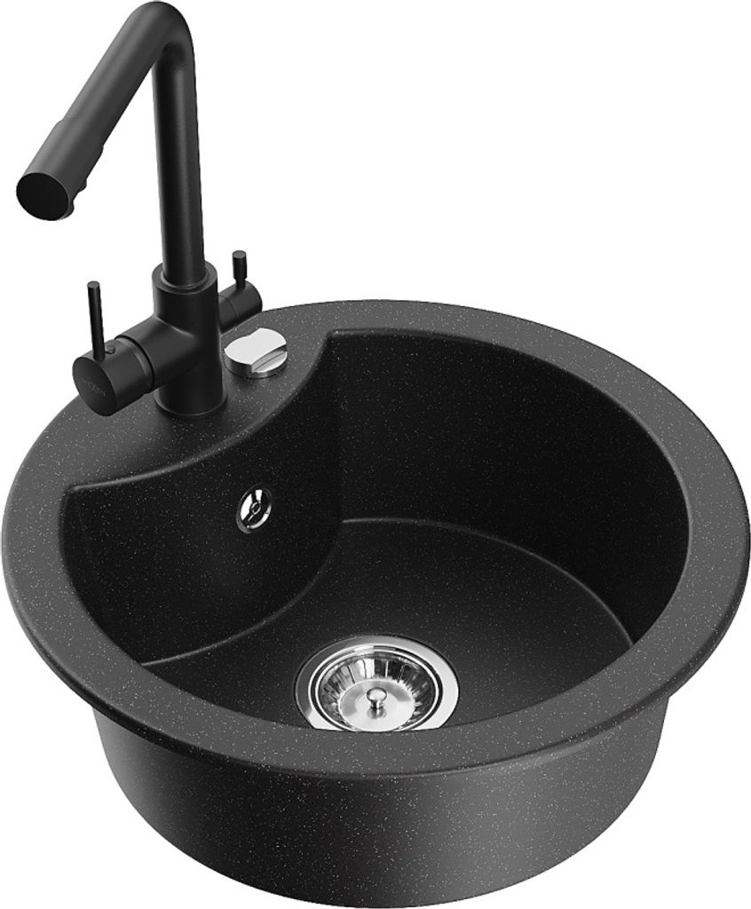 Mexen Diego 1-Becken-Granit-Spüle mit Mischbatterie Duero, Schwarz/Silbermetallic - 6512-73-671600-70