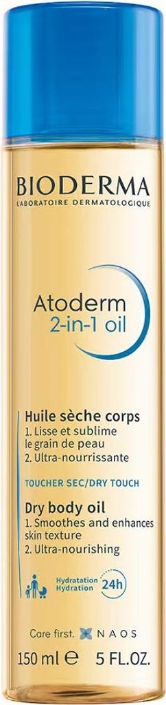 A product shot of a bottle of Bioderma Atoderm 2-in-1 Dry Body Oil.