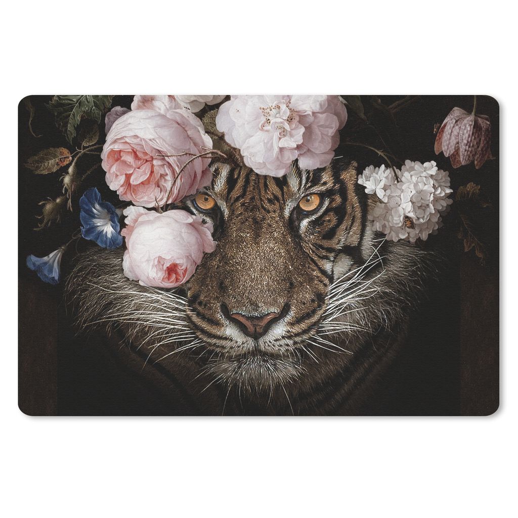 MuchoWow Schreibtischunterlage Tiger - Blumen - Porträt 60x40 cm - XXL Mauspad - Großes Mauspad
