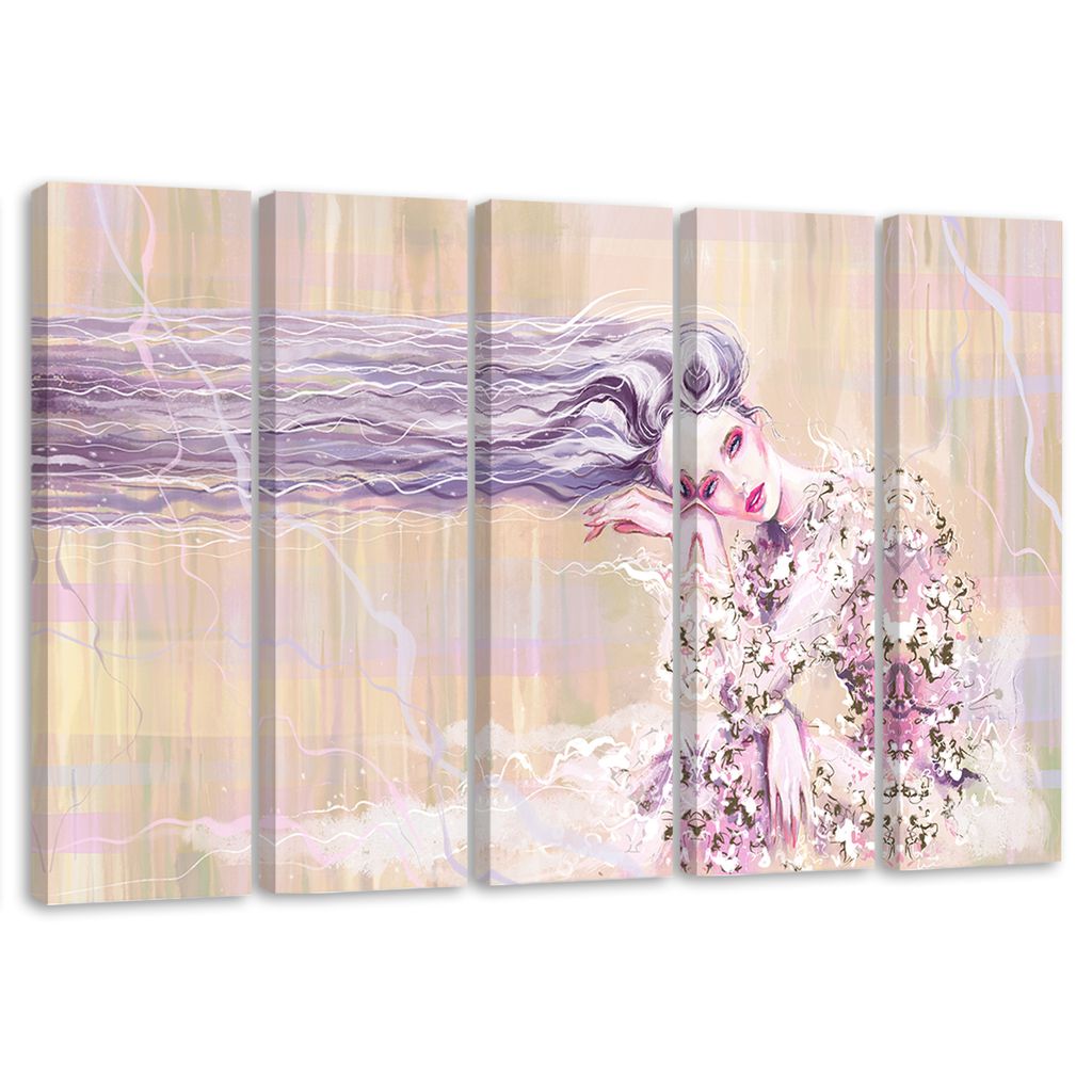 5-teiliges leinwandbild langhaarige frau 200x100 cm Feeby beige wandbild bereit zum aufhängen