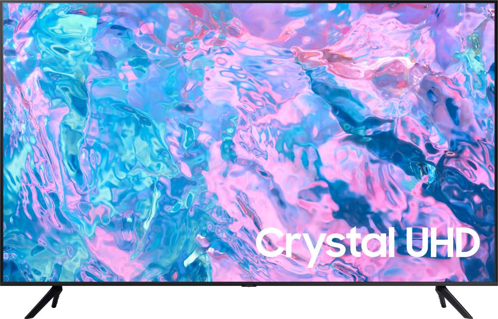A Samsung Crystal UHD television is displayed front and center, showcasing its screen with a vibrant, abstract image. The TV is supported by two black legs.