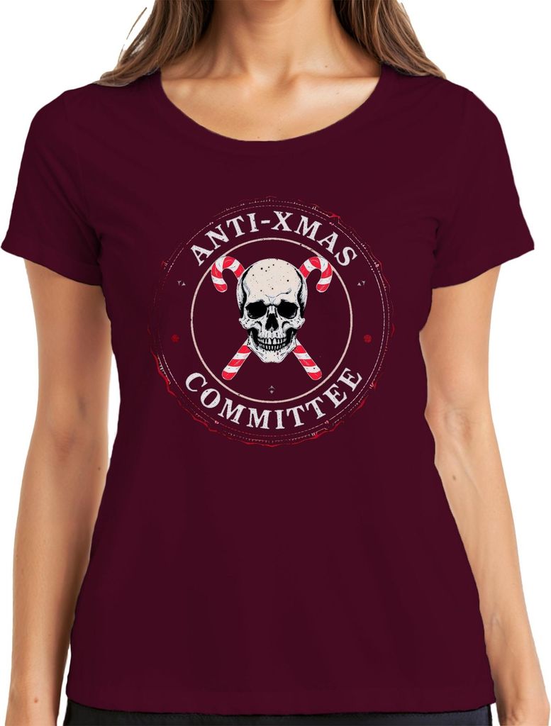 Anti Xmas Committee Skull Candy Canes Gothic Punk Weihnachten Damen T-Shirt, Burgundy, S