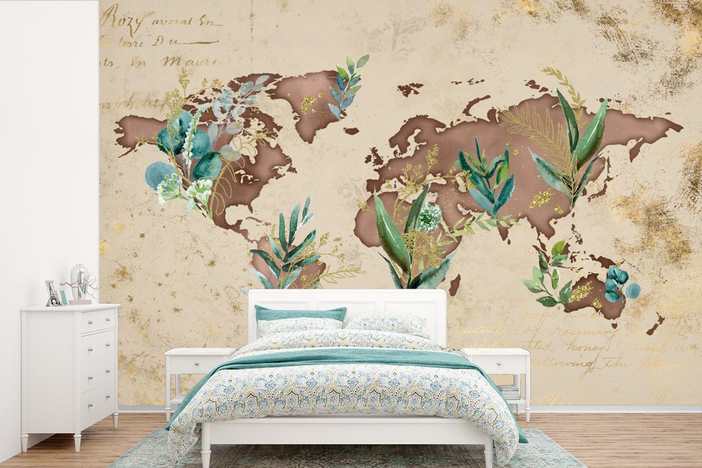 MuchoWow Fototapete für Wohnzimmer oder Schlafzimmer Wandtapete Vinyl Motivtapete Weltkarte - Retro - Pflanzen - 360x240 cm - Vinyl-Tapete