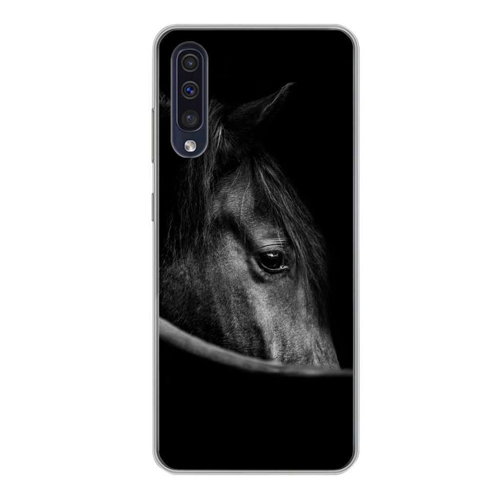 MuchoWow Handyhülle Schutzhülle Hülle für Samsung Galaxy A50 Pferde - Porträt - Schwarz - Tiere Silikon Softcase Handy Hülle - Mobiltelefon...