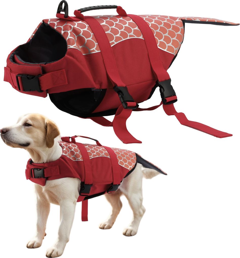 Doglay Hundeschwimmwesten, Hundeschwimmweste zum Schwimmen und Bootfahren XL Rot