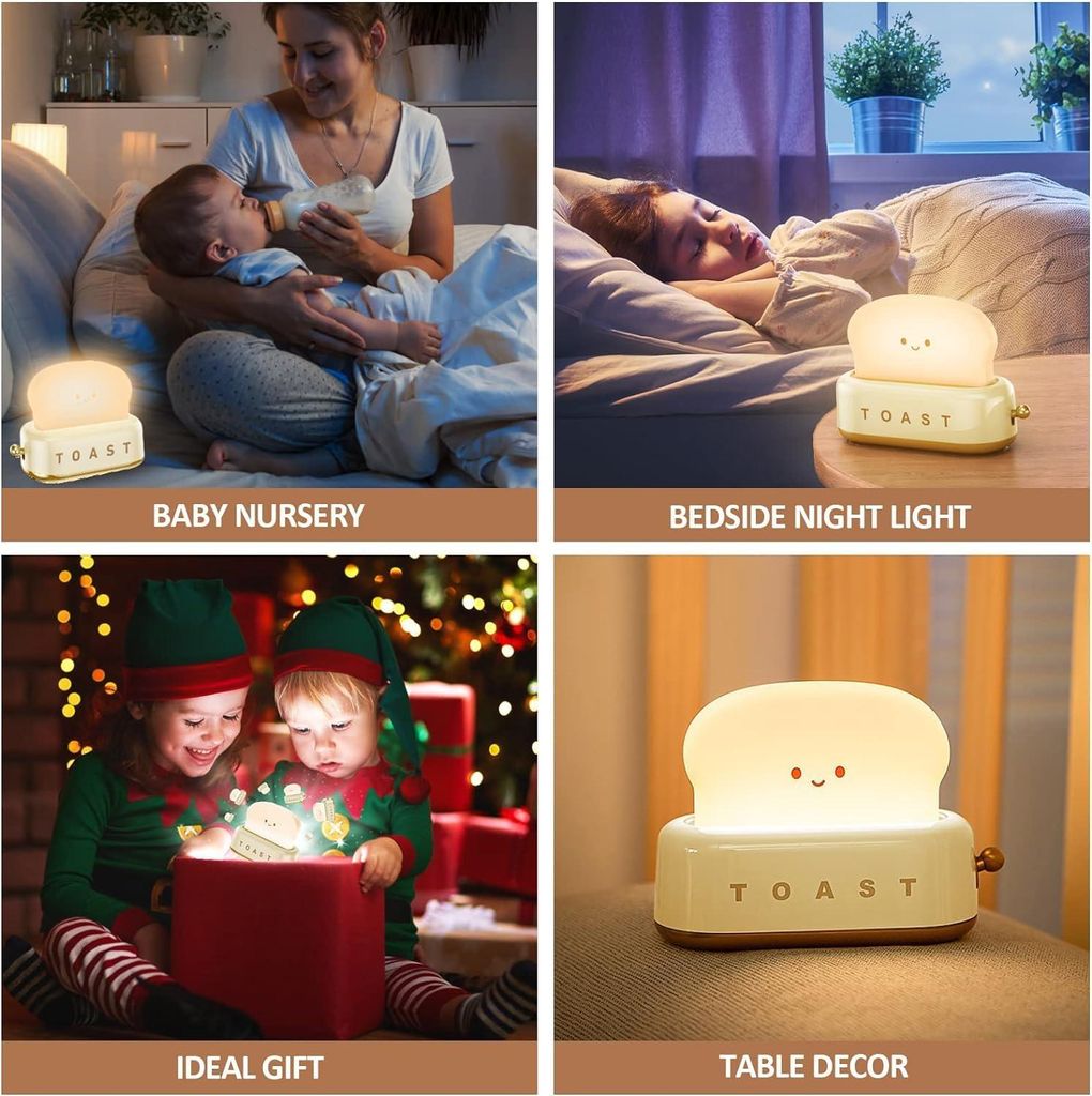 LED-Nachtlicht „Toast“ für Kinder, wiederaufladbares Baby-Nachtlicht, Helligkeit einstellbar, Kawaii-Zimmerdeko, Weihnachts-/Geburtstagsgesche...