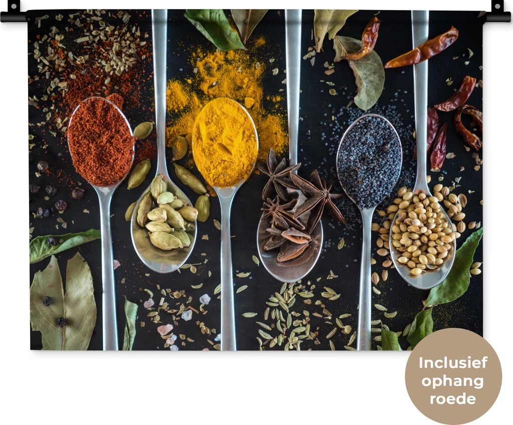 MuchoWow Wandteppich Wandbehang Gewürze - Löffel - Schwarz - Küche 60x45 cm Tapisserie Dekoration Wandtuch - Das Schlafzimmer
