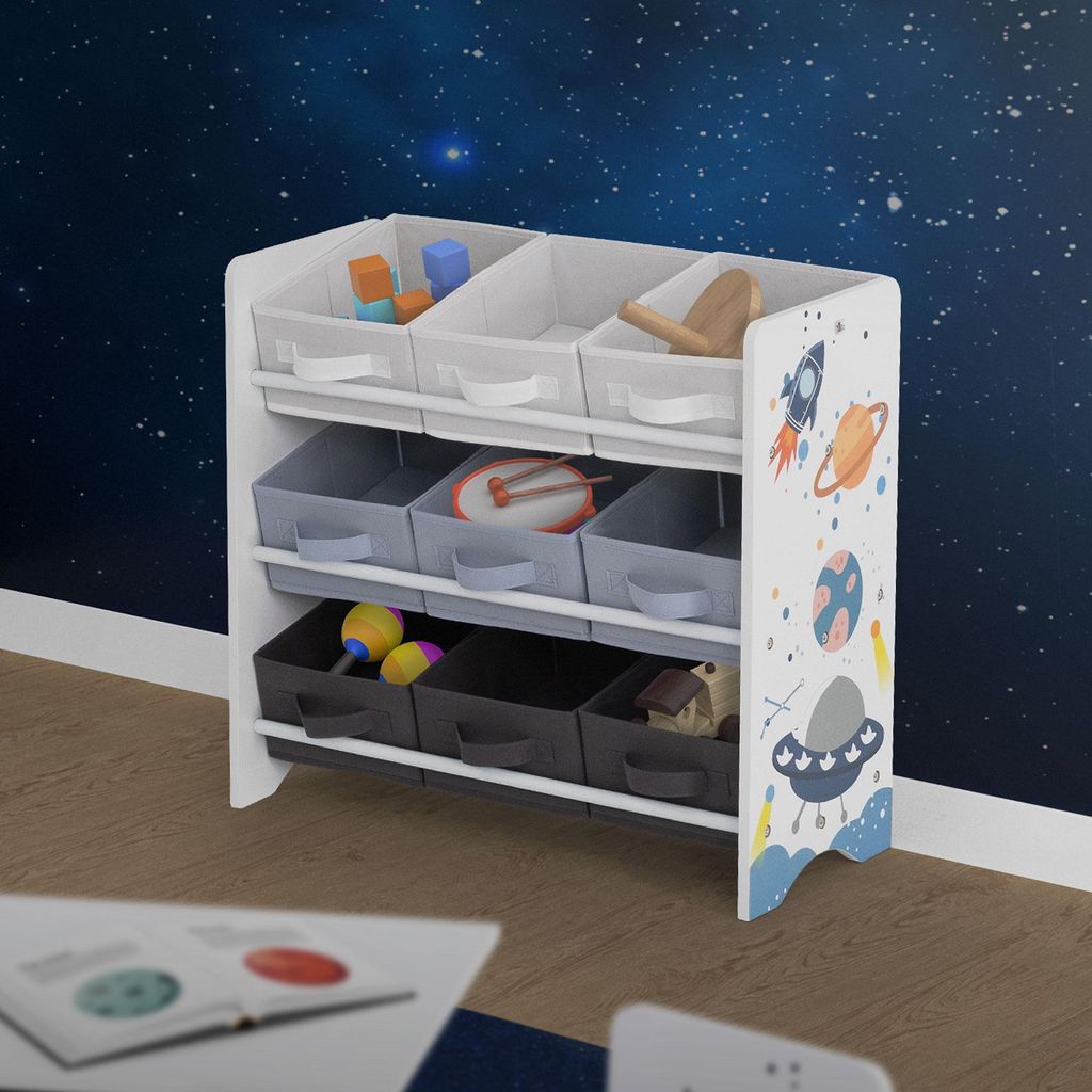 Joyz Kinderregal, Weltraum, 62,5x29,5x60 cm, Weiß, Spielzeugregal mit 9 Aufbewahrungsboxen aus Vliesstoff, Kinder-Bücherregal mit 3 Etagen