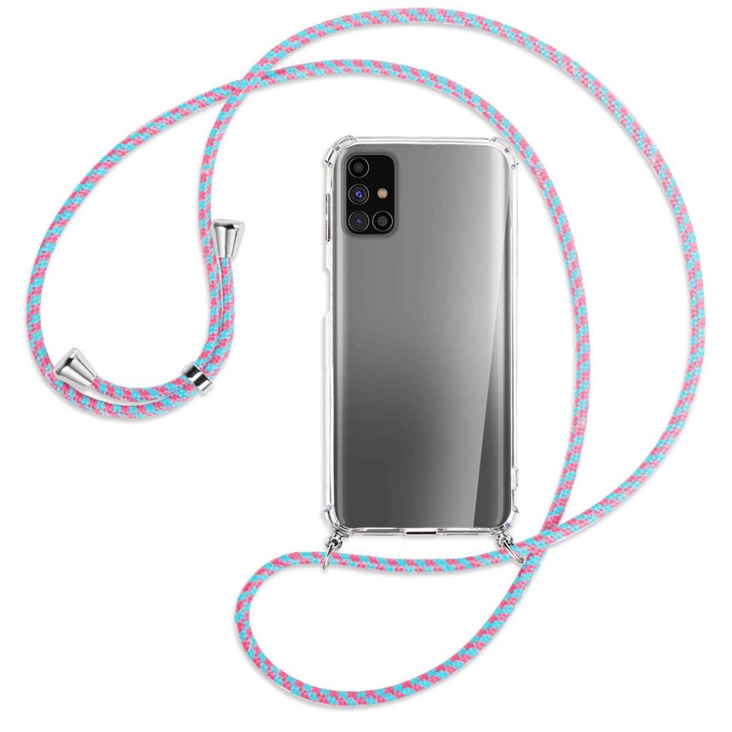 Handykette Backcover-Schutzhülle mit Band (Metall silberfarben) für Samsung Galaxy M31s - pink/mint