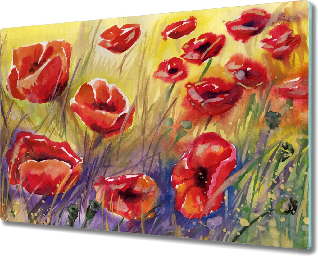 Coloray Hackbrett Küchenbrett Kochplattenabdeckung Schneidebrett Herdabdeckplatte 80x52 cm - Blumen Pflanzen Mohn