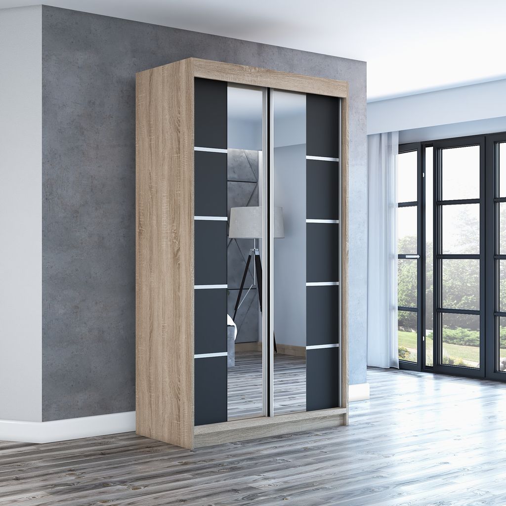 Schwebetürenschrank, 2-türig Schrank ERA 120 cm (mit Spiegel) (Sonoma / schwarz / schwarz)