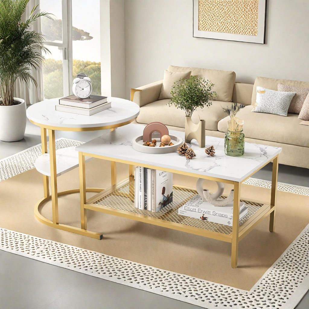 Fortuna Lai set van 2 salontafels, met marmerlook, Productafbeelding 
