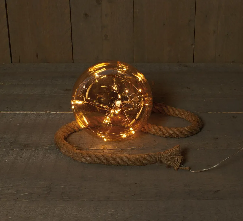 Boule en verre b.o.t. 18 cm or sur corde 15 LED blanc chaud 2xAA