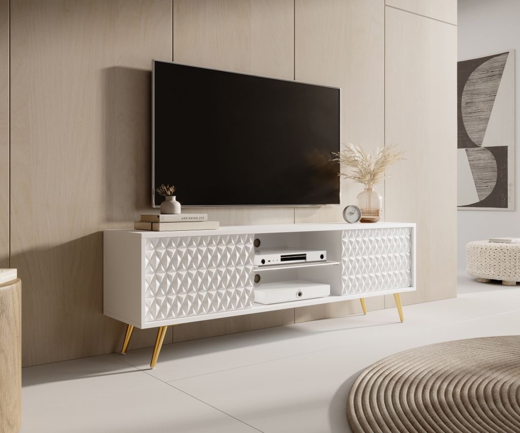 AX LIVING Lowboard TV Delvine 135 cm Weiß – mit goldfarbenen Füßen