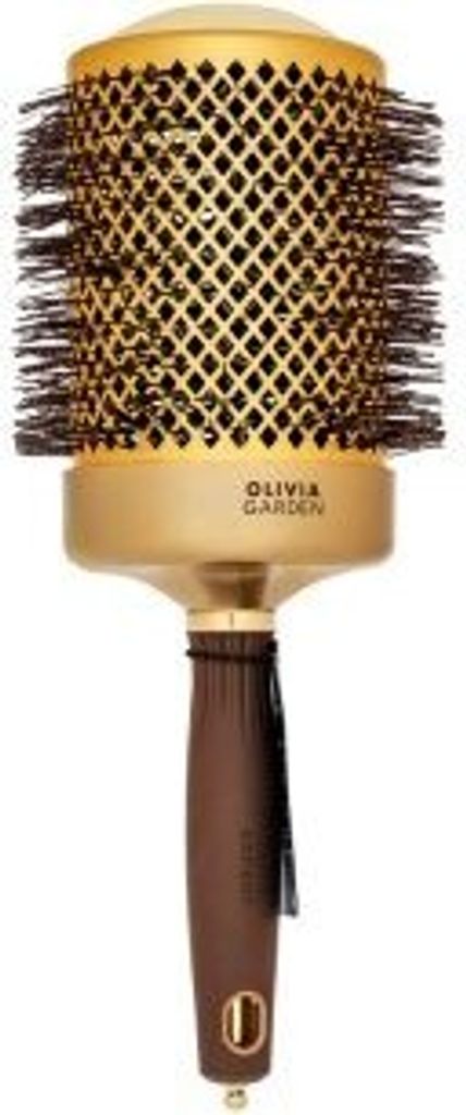 A studio shot of a round hairbrush.