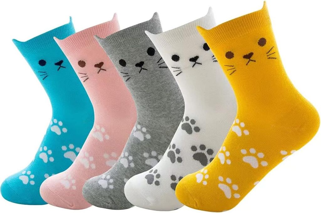 5 Paar bunte Katzensocken, lustige Freizeitsocken, mit Produktbild 