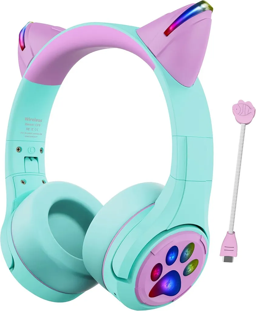 Cuffie Bluetooth per bambini, cuffie a orecchio di gatto con luce LED, microfono ad asta e microfono integrato per le chiamate, volume 85dB, cuffie limitate