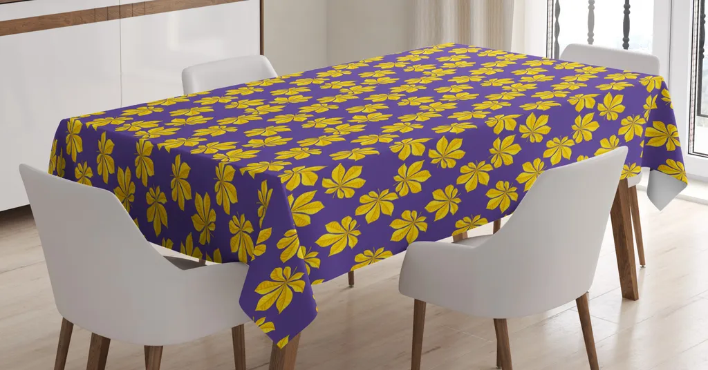ABAKUHAUS Tovaglia autunnale, motivo foglie dai toni estivi, stampa personalizzata con colori vivaci Lavabile Impermeabile Non scolorisce, 140 x 200 cm, blu, viola e giallo terra