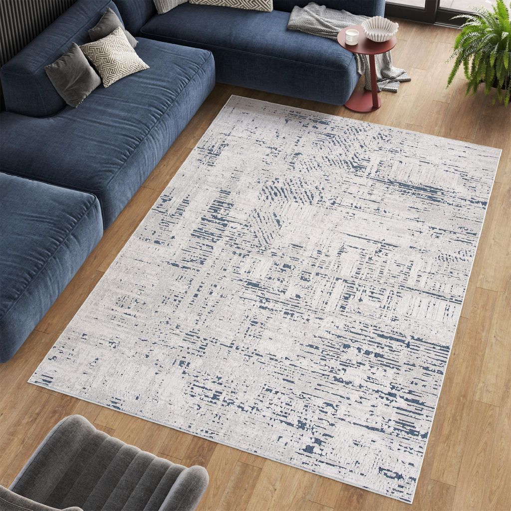 Teppich Wohnzimmer Schlafzimmer Kurzflor Modern Meliert Vintage Creme Blau Ecru 120 x 170 cm