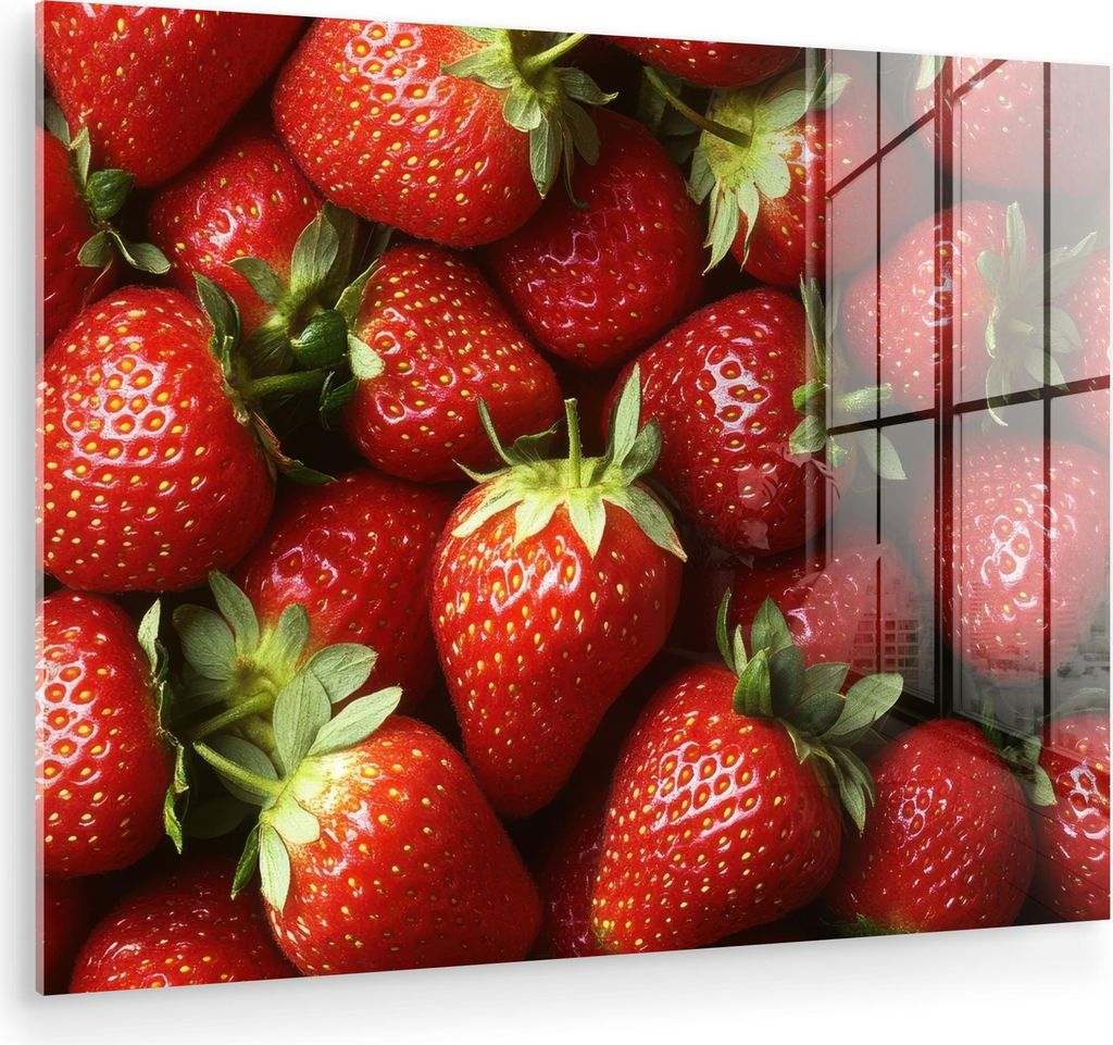 MuchoWow Glasbilder - Bilder auf Wandbild - Foto auf Glas Erdbeere - Obst - Rot 80x60 cm Wanddekoration aus Glas - Acrylglasbild - Acrylbilder - Wa...