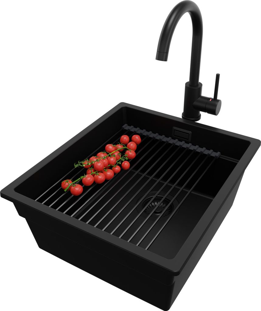 PRIMAGRAN Unterbauspüle Granit Alles Schwarz 41x47cm, Spülbecken 1 Becken + Ablauf-Set + Küchenzubehörset, Granitspüle ab 45er Unterschrank - ...