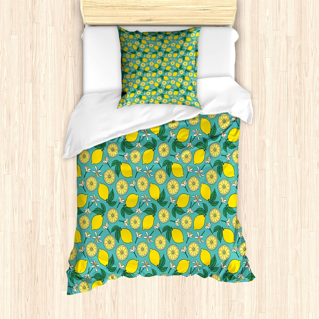 ABAKUHAUS Zitronen Bettbezug Set für Einzelbetten, Rhythmische Citrus-Blüten, Milbensicher Allergiker geeignet mit Kissenbezug, 135 cm x 200 cm -...