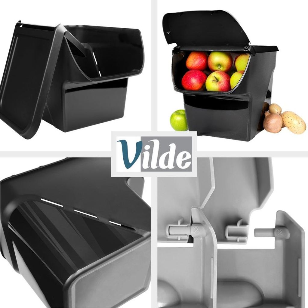 A collage of four images showing a black storage container for fruits and vegetables, with close-ups of its features and contents.