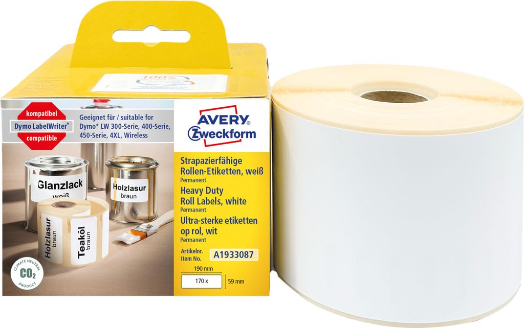 Avery Zweckform A1933087, Rollen-Etiketten, 59 x 190 mm, 170 Etiketten / 1 Rolle, weiß