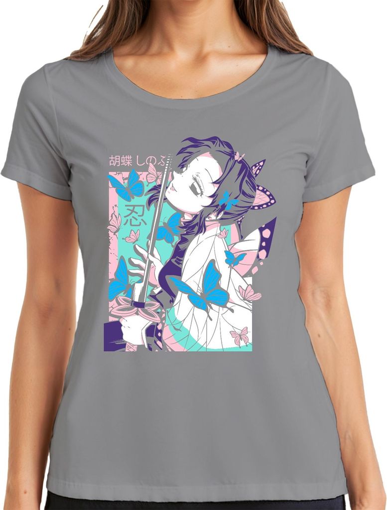 胡蝶しのぶ Schmetterling Anime Katana Kawaii Geschenk Damen T-Shirt, Grau, XL