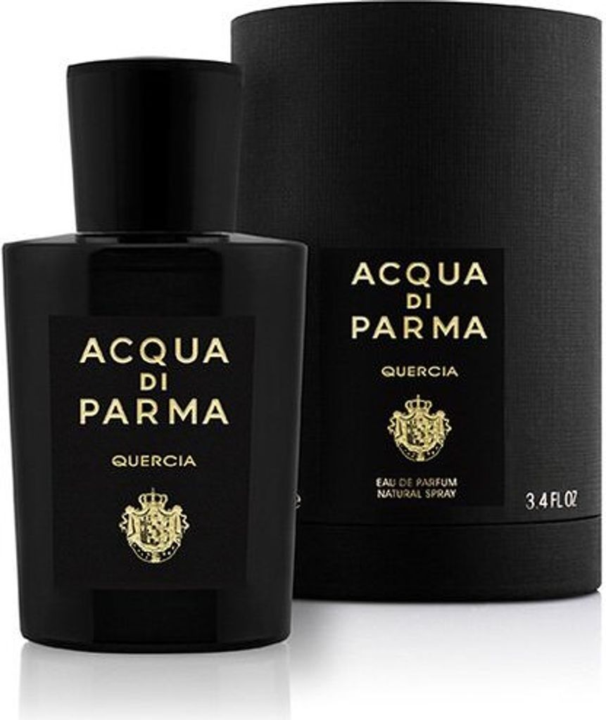 A black bottle of Acqua di Parma Quercia perfume and its cylindrical packaging are shown against a white background.