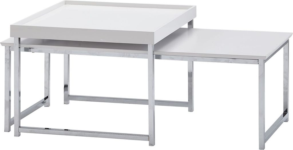 A set of two nesting coffee tables with white tops and chrome metal legs, presented against a white background.