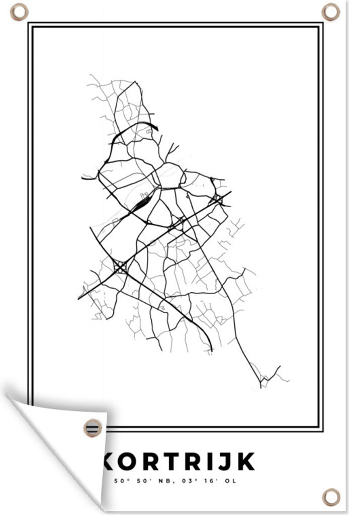 MuchoWow 80x120 cm Outdoor-Poster Gartendeko Sichtschutz Garten Poster für den Garten Stadtplan - Schwarz und weiß - Karte - Kortrijk - Belgien...