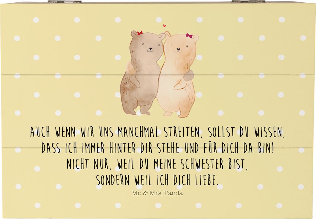 Mr. & Mrs. Panda Holztruhe Bären Schwestern 22 x 15 cm - Gelb Pastell - Geschenk, Geschwisterliebe, Truhe, Kiste, Zwillinge, Holzbox, Schwester, H...
