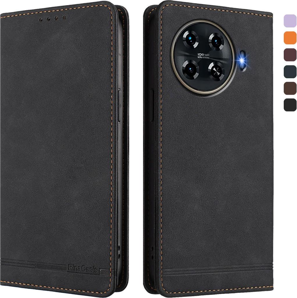 Hülle für Tecno Spark 20 Pro+ 4G, Retro Kunstleder Ständer Klapphülle mit Kartenfächer und Magnetische Schwarz