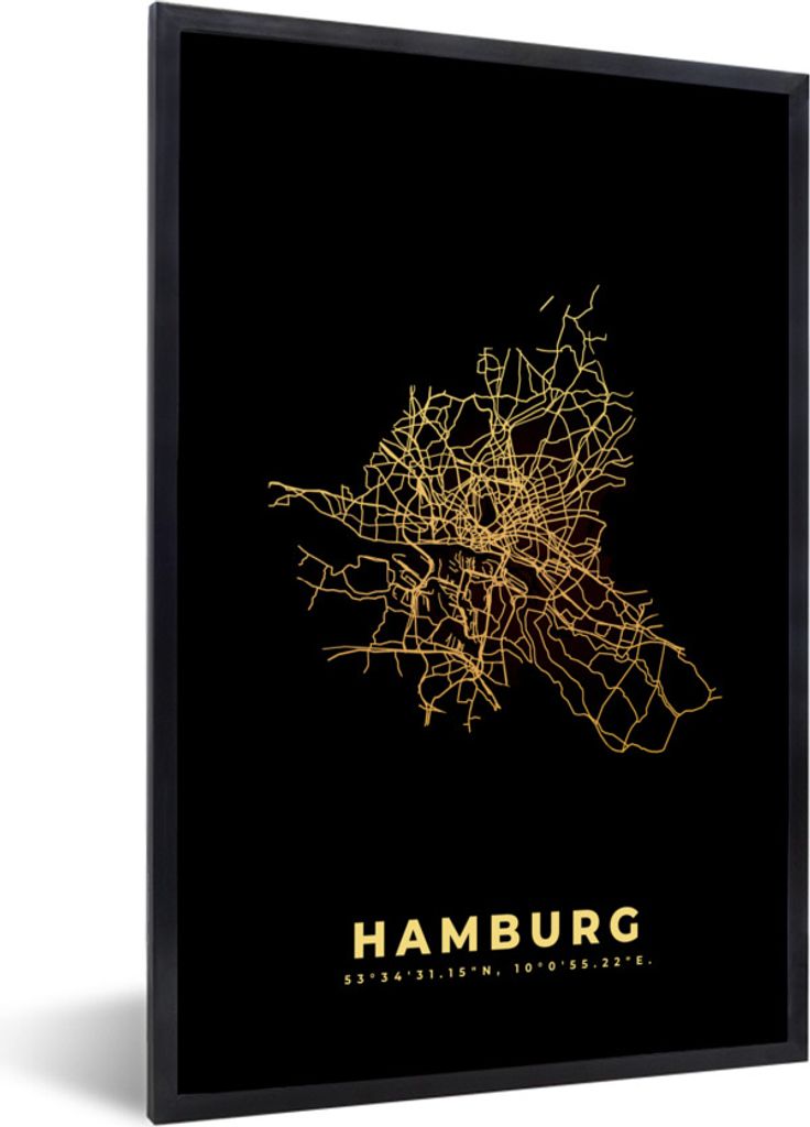 MuchoWow Gerahmtes Poster Hamburg - Karte - Stadtplan - Gold - Karte 40x60 cm - Poster mit Schwarzem Bilderrahmen Wandposter Rahmen Foto Bilder -...