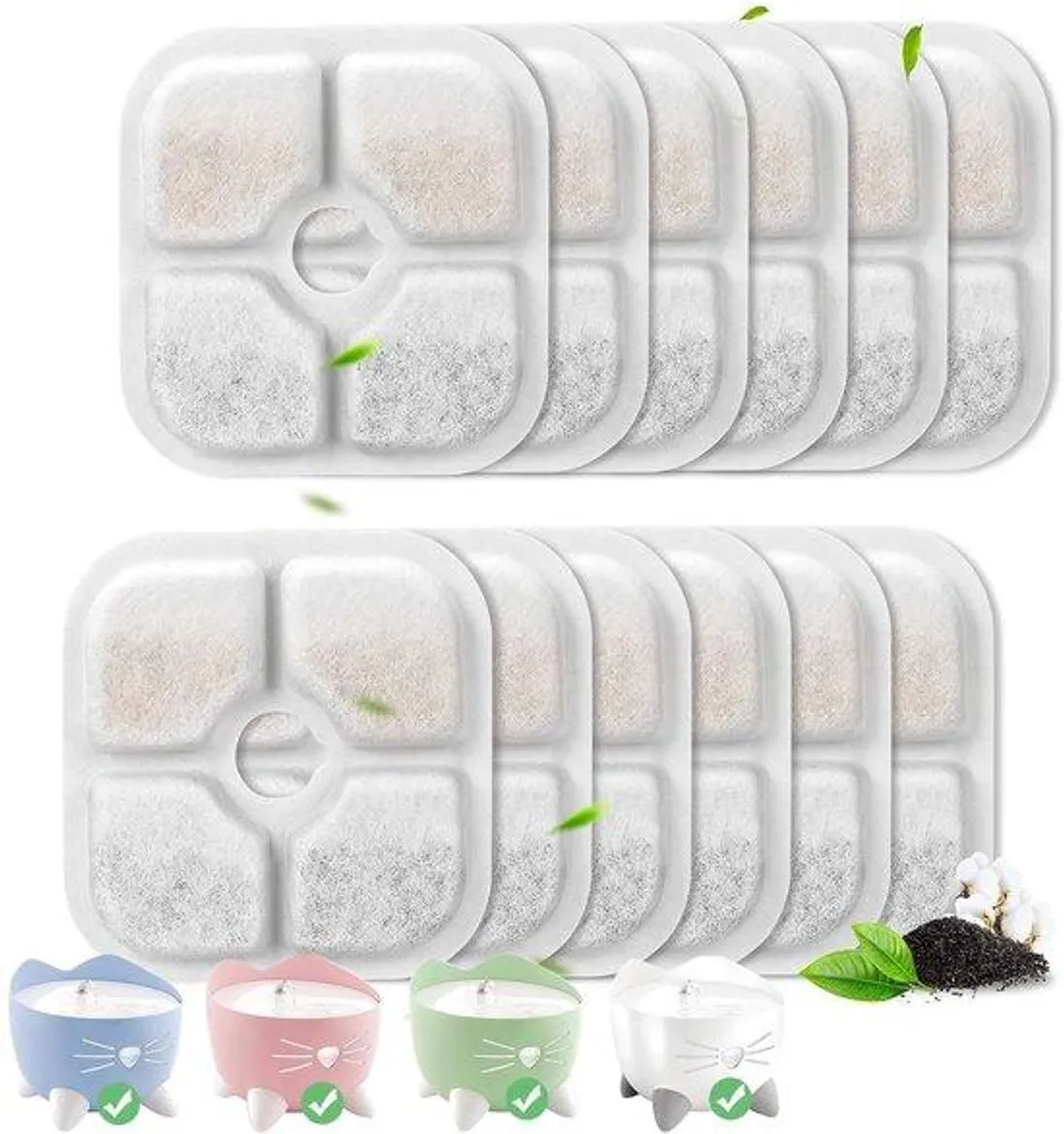 Filtre Fontaine Eau Chat Anti-Odeur Charbon Actif 3 Couches Pack de 16