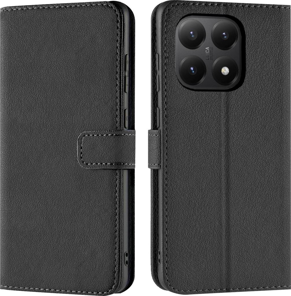 A black flip case for a smartphone is shown from two angles.