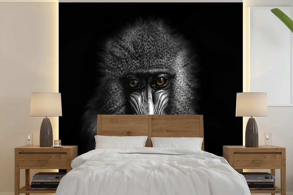 MuchoWow Fototapete für Wohnzimmer oder Schlafzimmer Wandtapete Vinyl Motivtapete Affe - Tiere - Augen - Braun - Schwarz und weiß - 300x300 cm ...