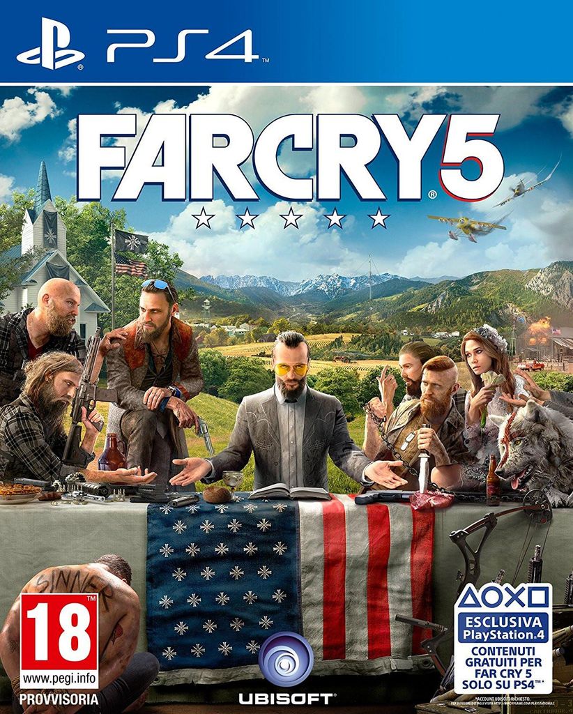 The cover art for Far Cry 5 on PlayStation 4, featuring the main characters gathered around a table with an American flag tablecloth.
