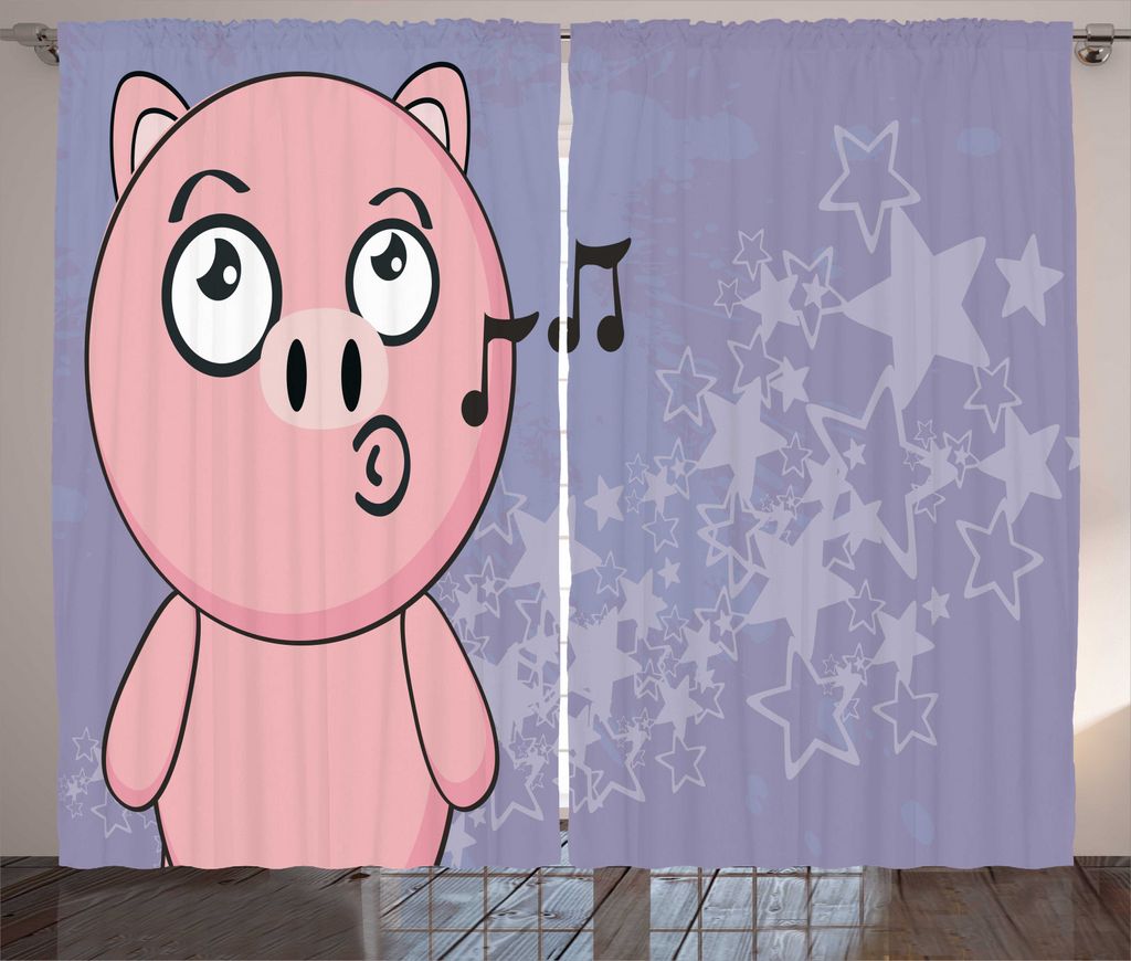 ABAKUHAUS Schwein Rustikaler Vorhang, Farm Animal Singen Stern Motive, Wohnzimmer Universalband Gardinen mit Schlaufen und Haken, 280 x 245 cm, Cei...