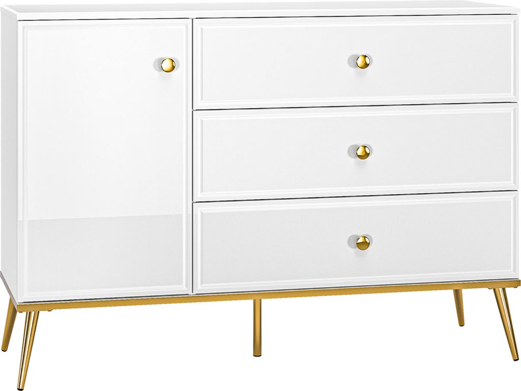 Kommode Sideboard in weiß Hochglanz mit goldfarbenen Griffen und Füßen GUBIN-131, B/H/T: ca. 120/85/40 cm