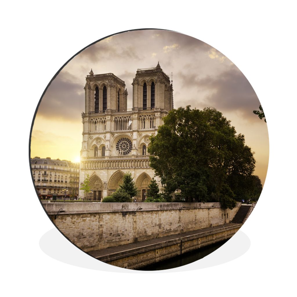 MuchoWow Aluminium Wandkreis Sonnenaufgang bei Notre Dame in Paris Ø 90 cm Wanddeko Modern Wohnzimmer - Mauerkreis - Wandbilder - Runde Bild - B...