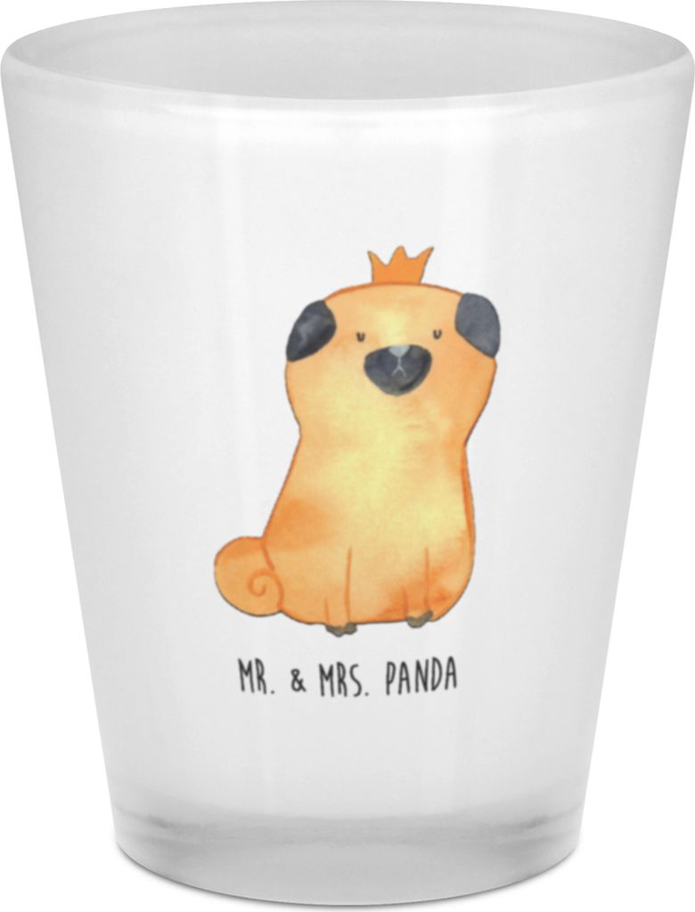 Mr. & Mrs. Panda Gläschen Mops Krone - Transparent - Geschenk, Allergisch, Hund, Hundemotiv, Likörglas, Stamperl, Pinnchen, Likör Glas, Schnapsg...