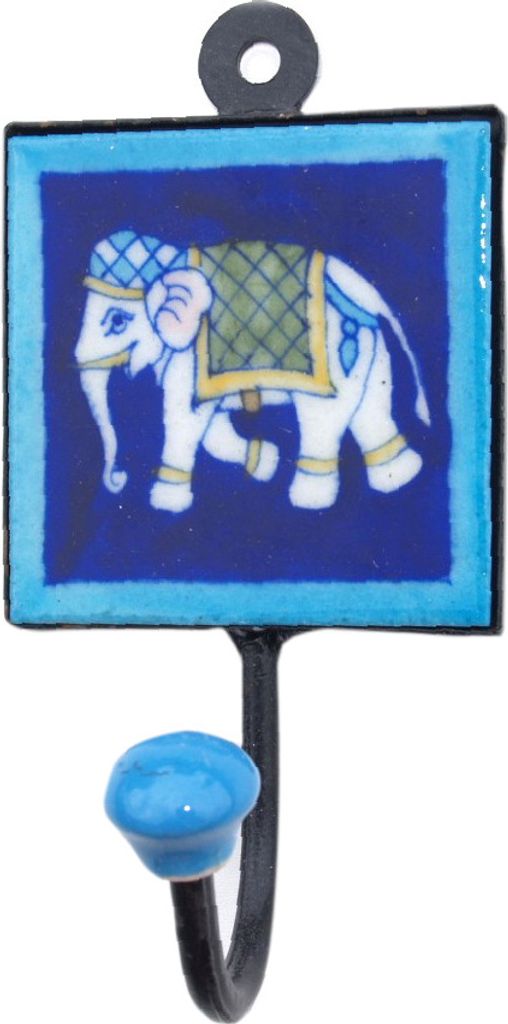 Wandhaken, Garderobenhaken mit Handgefertigter Fliese, Kleiderhaken (8*8 cm) - Modell 14, Blau, Keramik,Metall, Wandhaken aus Holz, Metall & Keramik