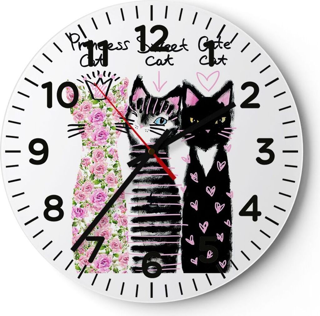 Wanduhr - Rund - Glasuhr - Katzen Blumen Tiere - 40x40cm - Schleichendes Uhrwerk - Lautlos - zum Aufhängen bereit - Dekoration Modern - Wanddekora...