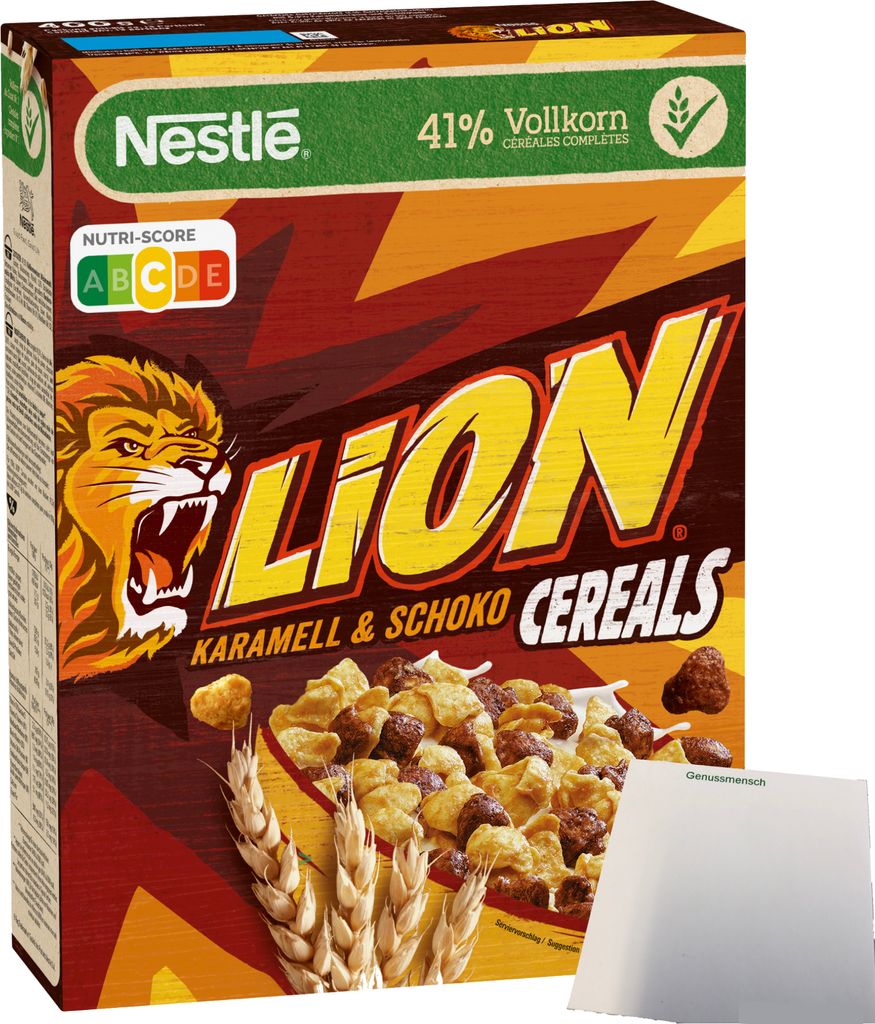 Nestle Lion Cereals Karamellschoko Cornflakes 41% Vollkorn 1er Pack (1x400g Packung) + usy Block